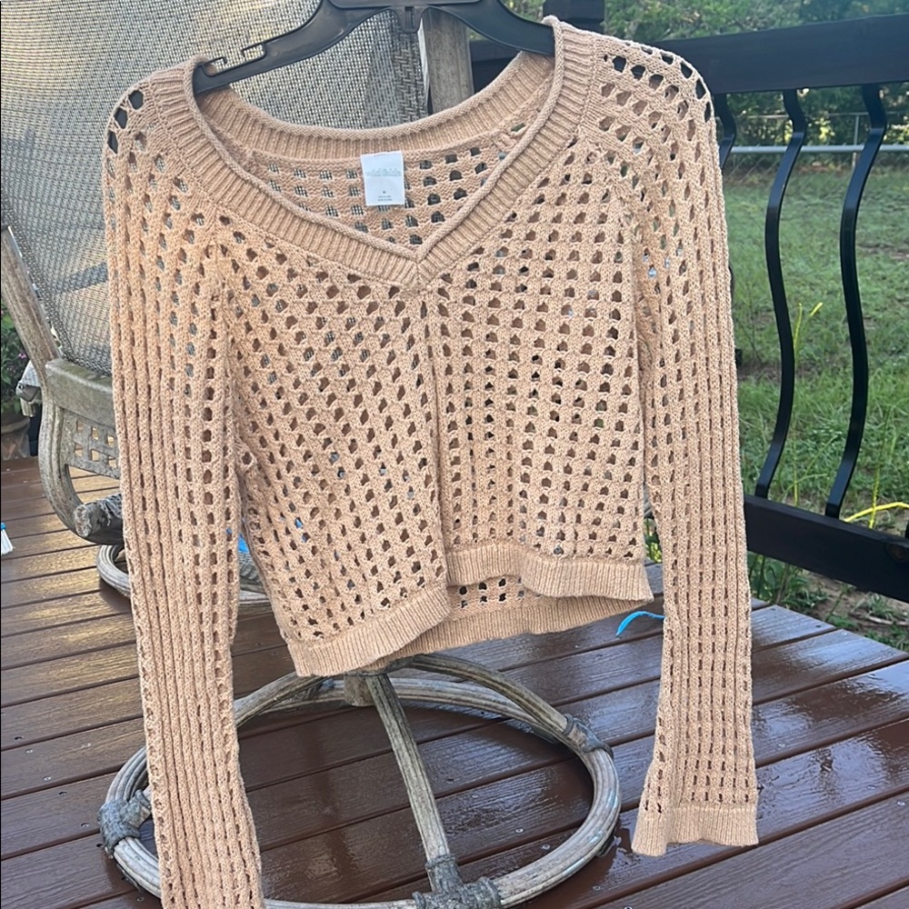 Light Beige wild fableOpen-Knit V-Neck Sweater crop